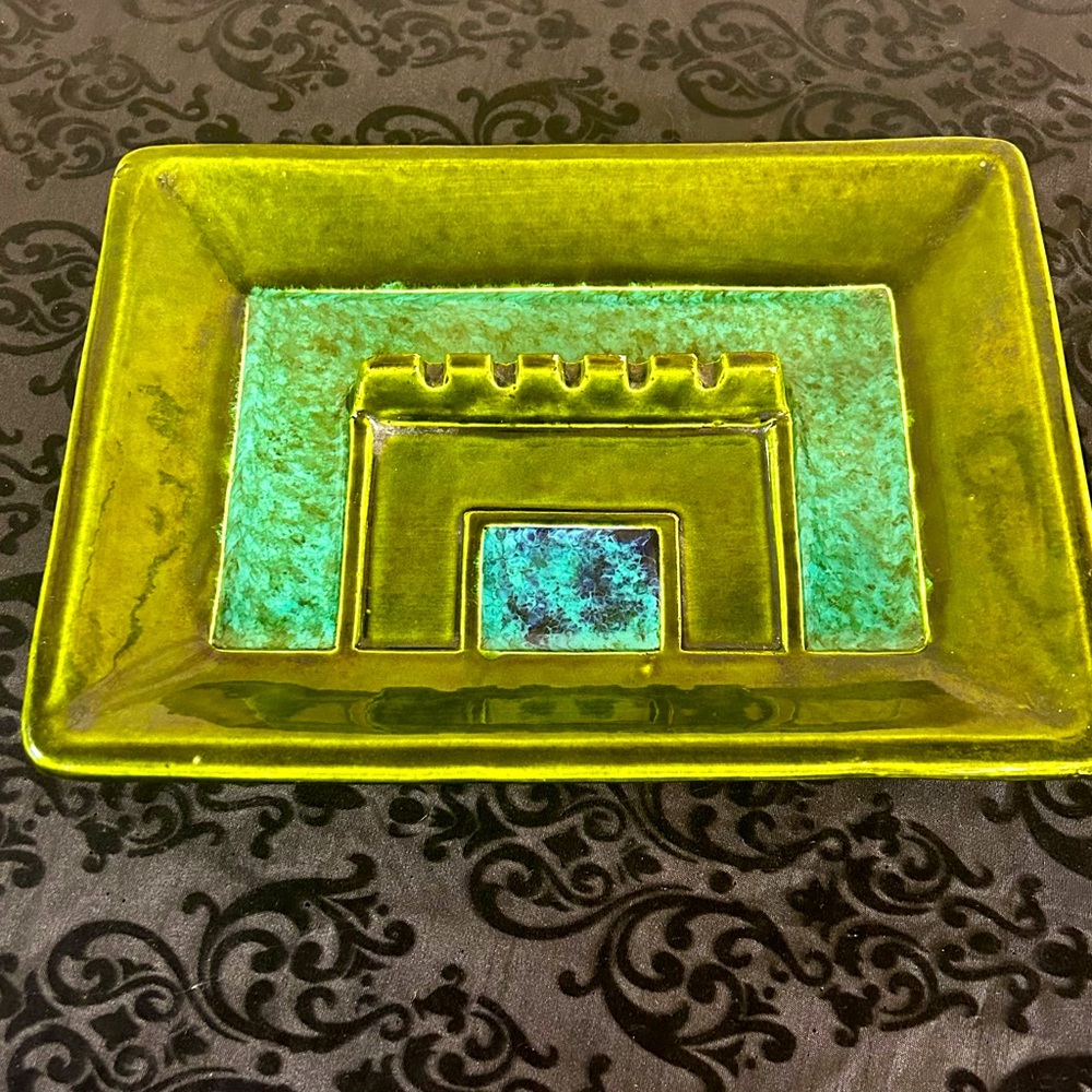 Lane Ceramics Mid Century Green w Blue Retro Ashtray
